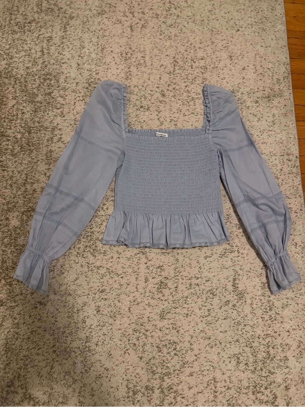 Reformation Powder Blue Smocked Square-Neck Blouse